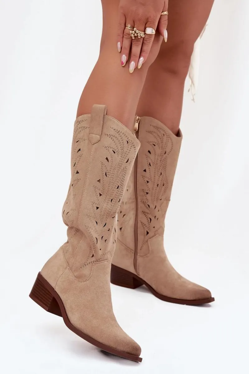 Discount Kozaki Kowbojki Z Ażurowym Wzorem Na Niskim Obcasie Beżowe Selirae Damskie Kozaki Ocieplane|Kozaki Ażurowe