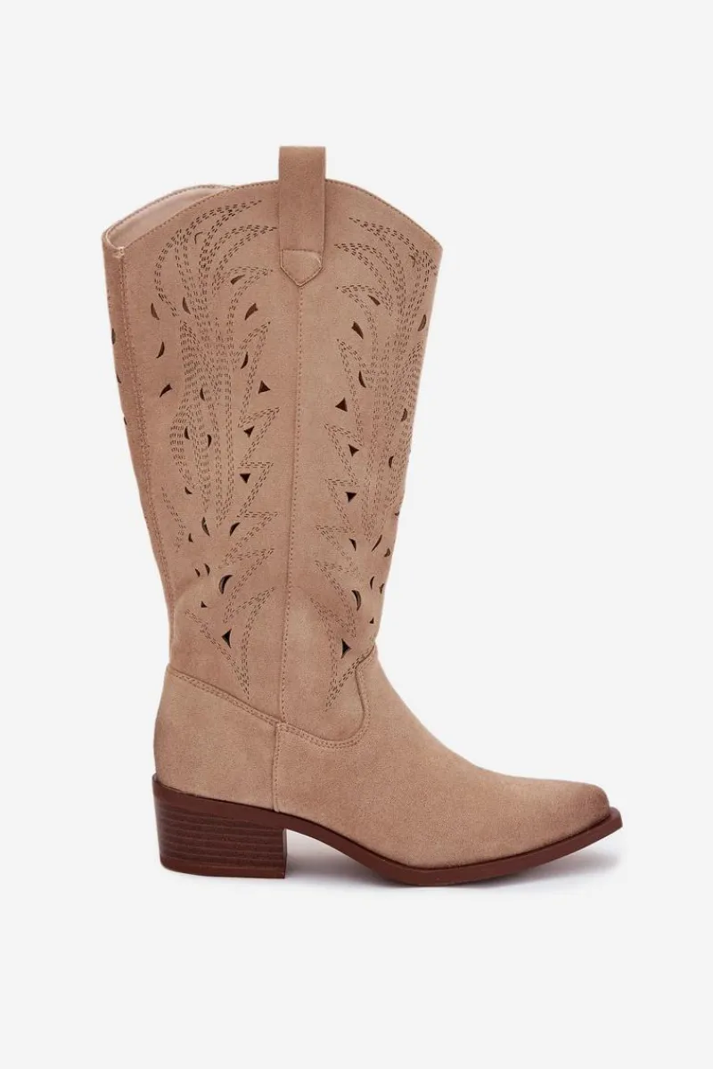 Discount Kozaki Kowbojki Z Ażurowym Wzorem Na Niskim Obcasie Beżowe Selirae Damskie Kozaki Ocieplane|Kozaki Ażurowe