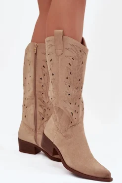 Discount Kozaki Kowbojki Z Ażurowym Wzorem Na Niskim Obcasie Beżowe Selirae Damskie Kozaki Ocieplane|Kozaki Ażurowe