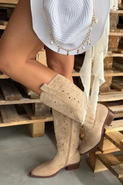 Discount Kozaki Kowbojki Z Ażurowym Wzorem Na Niskim Obcasie Beżowe Selirae Damskie Kozaki Ocieplane|Kozaki Ażurowe