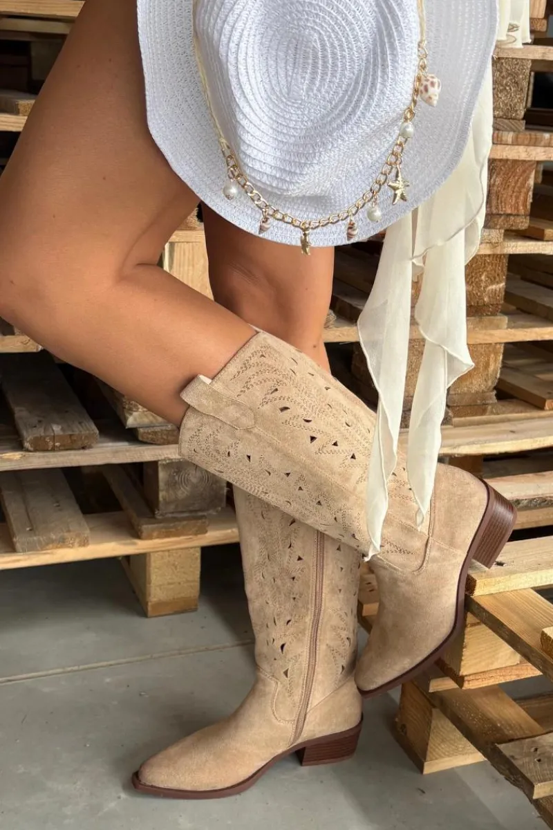 Discount Kozaki Kowbojki Z Ażurowym Wzorem Na Niskim Obcasie Beżowe Selirae Damskie Kozaki Ocieplane|Kozaki Ażurowe