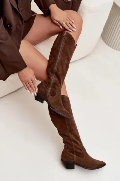 Discount Kozaki Kowbojki Z Naturalnego Zamszu Ocieplane 4225 Brązowe Damskie Kozaki Ocieplane|Kozaki Wiosenne