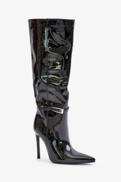 Outlet Kozaki Lakierowane Ocieplane Na Szpilce Z Klamrą Czarne Tameliae Damskie Kozaki Ocieplane|Kozaki Na Szpilce