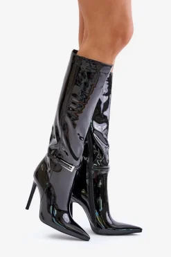 Outlet Kozaki Lakierowane Ocieplane Na Szpilce Z Klamrą Czarne Tameliae Damskie Kozaki Ocieplane|Kozaki Na Szpilce