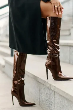 Kozaki Ocieplane|Kozaki Na Szpilce>Boto Kozaki Lakierowane Ocieplane Na Szpilce Z Klamrą Brązowe Tameliae