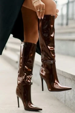 Kozaki Ocieplane|Kozaki Na Szpilce></noscript>Boto Kozaki Lakierowane Ocieplane Na Szpilce Z Klamrą Brązowe Tameliae