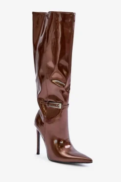 Kozaki Ocieplane|Kozaki Na Szpilce></noscript>Boto Kozaki Lakierowane Ocieplane Na Szpilce Z Klamrą Brązowe Tameliae