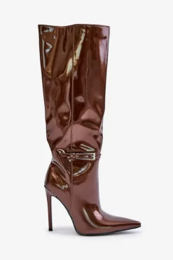 Kozaki Ocieplane|Kozaki Na Szpilce></noscript>Boto Kozaki Lakierowane Ocieplane Na Szpilce Z Klamrą Brązowe Tameliae