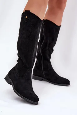 New Kozaki Na Płaskim Obcasie Z Ażurowym Wzorem S.Barski HY51-062 Czarne Damskie Kozaki Wiosenne|Kozaki Ażurowe