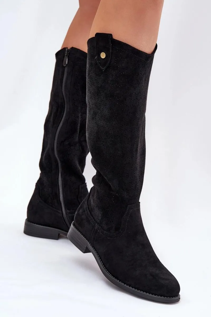 New Kozaki Na Płaskim Obcasie Z Ażurowym Wzorem S.Barski HY51-062 Czarne Damskie Kozaki Wiosenne|Kozaki Ażurowe