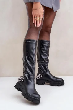 Outlet Kozaki Na Płaskim Obcasie Z Łańcuchem Czarne Nauricette Damskie Kozaki Ocieplane|Kozaki Płaskie