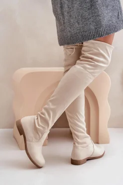 Online Boto Kozaki Na Płaskim Obcasie Za Kolano Z Eko Zamszu Beżowe Linnithia Beżowy
