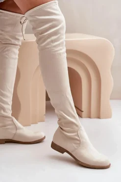 Online Boto Kozaki Na Płaskim Obcasie Za Kolano Z Eko Zamszu Beżowe Linnithia Beżowy