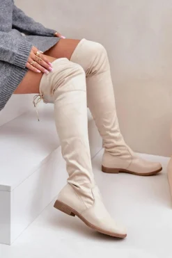 Online Boto Kozaki Na Płaskim Obcasie Za Kolano Z Eko Zamszu Beżowe Linnithia Beżowy