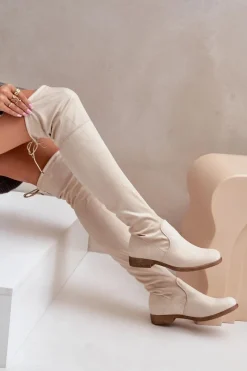 Online Boto Kozaki Na Płaskim Obcasie Za Kolano Z Eko Zamszu Beżowe Linnithia Beżowy