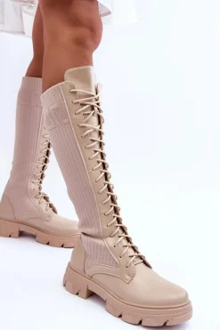 Best Boto Kozaki Na Płaskim Obcasie Ze Skarpetą Beżowe Itona