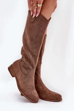 Discount Damskie buty S.Barski Kozaki Na Płaskim Obcasie Z Ażurowym Wzorem S.Barski HY51-062 Brązowe Brązowy