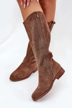 Discount Damskie buty S.Barski Kozaki Na Płaskim Obcasie Z Ażurowym Wzorem S.Barski HY51-062 Brązowe Brązowy