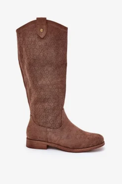 Discount Damskie buty S.Barski Kozaki Na Płaskim Obcasie Z Ażurowym Wzorem S.Barski HY51-062 Brązowe Brązowy