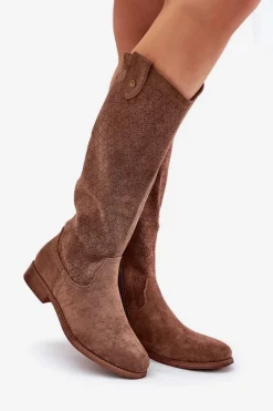 Discount Damskie buty S.Barski Kozaki Na Płaskim Obcasie Z Ażurowym Wzorem S.Barski HY51-062 Brązowe Brązowy