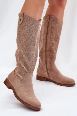 Kozaki Wiosenne|Kozaki Ażurowe>Damskie buty S.Barski Kozaki Na Płaskim Obcasie Z Ażurowym Wzorem S.Barski HY51-062 Beżowe Beżowy