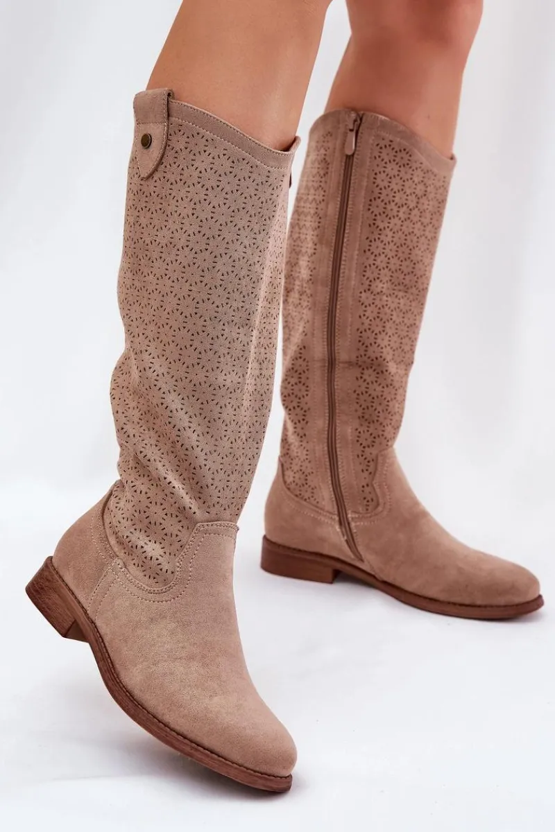 Kozaki Wiosenne|Kozaki Ażurowe>Damskie buty S.Barski Kozaki Na Płaskim Obcasie Z Ażurowym Wzorem S.Barski HY51-062 Beżowe Beżowy