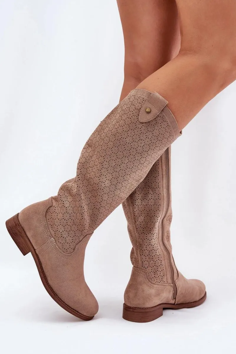 Kozaki Wiosenne|Kozaki Ażurowe>Damskie buty S.Barski Kozaki Na Płaskim Obcasie Z Ażurowym Wzorem S.Barski HY51-062 Beżowe Beżowy