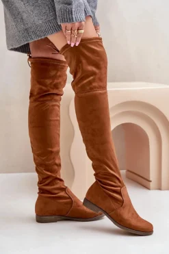 Best Kozaki Na Płaskim Obcasie Za Kolano Z Eko Zamszu Camel Linnithia Damskie Muszkieterki|Kozaki Za Kolano