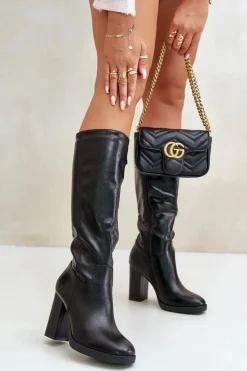 Online Boto Kozaki Na Słupku Eko Skórzane Przed Kolano Czarne Riamaya