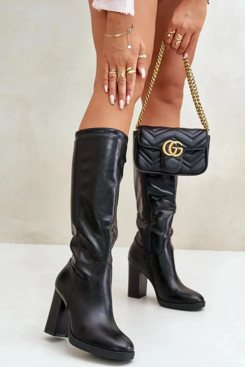 Online Boto Kozaki Na Słupku Eko Skórzane Przed Kolano Czarne Riamaya