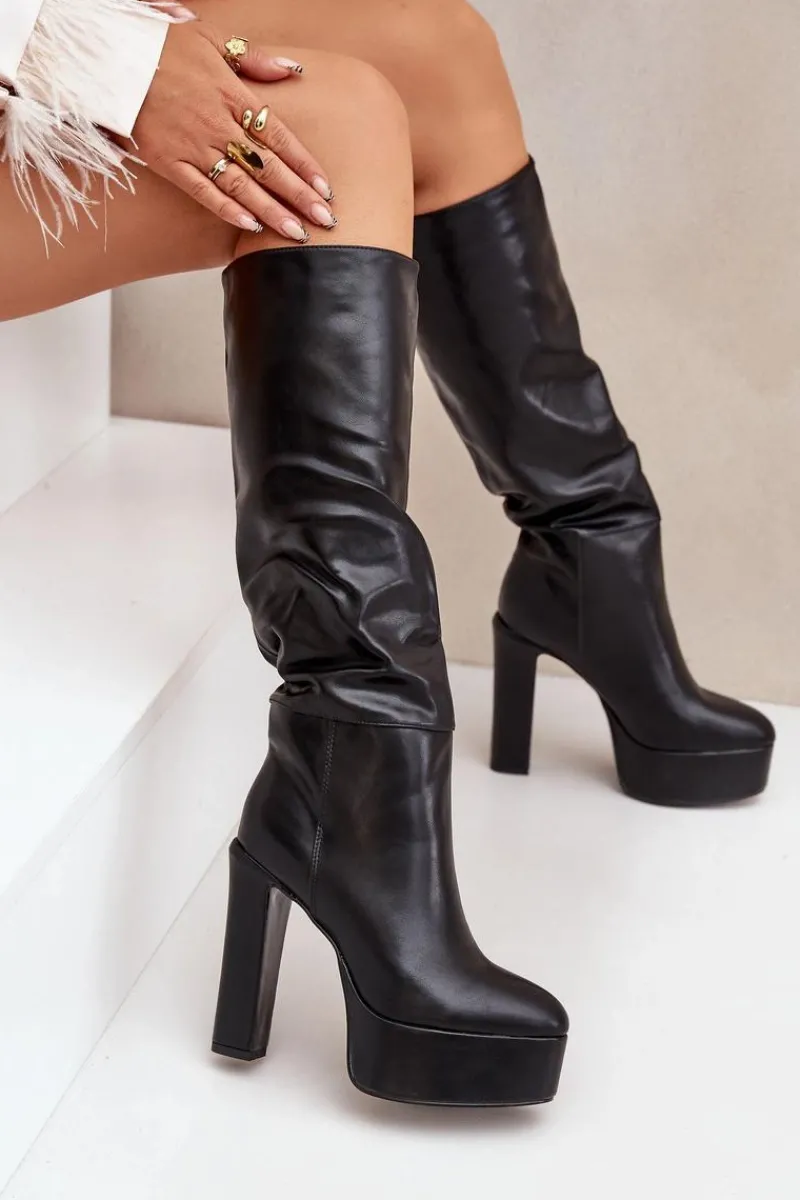 Clearance Kozaki Na Słupku I Platformie Z Eko Skóry Czarne Felilorn Damskie Kozaki Ocieplane|Kozaki Na Słupku