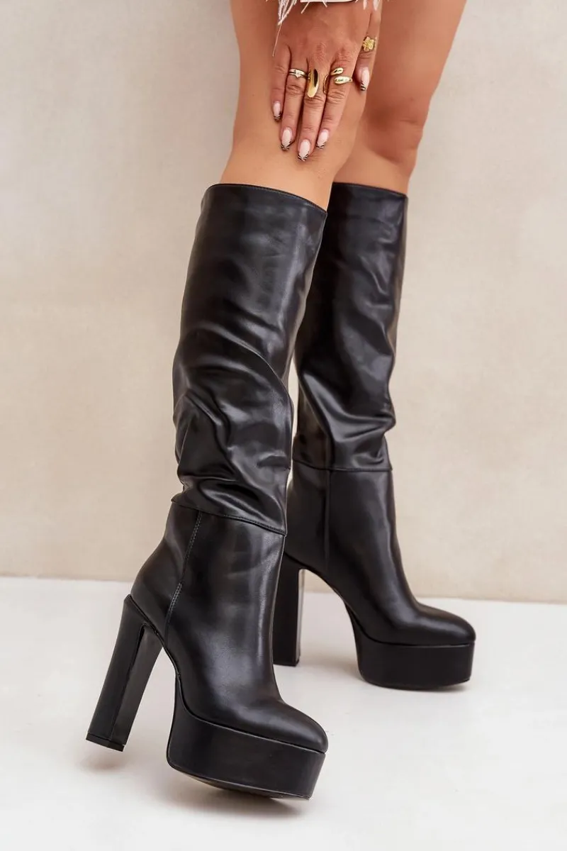 Clearance Kozaki Na Słupku I Platformie Z Eko Skóry Czarne Felilorn Damskie Kozaki Ocieplane|Kozaki Na Słupku