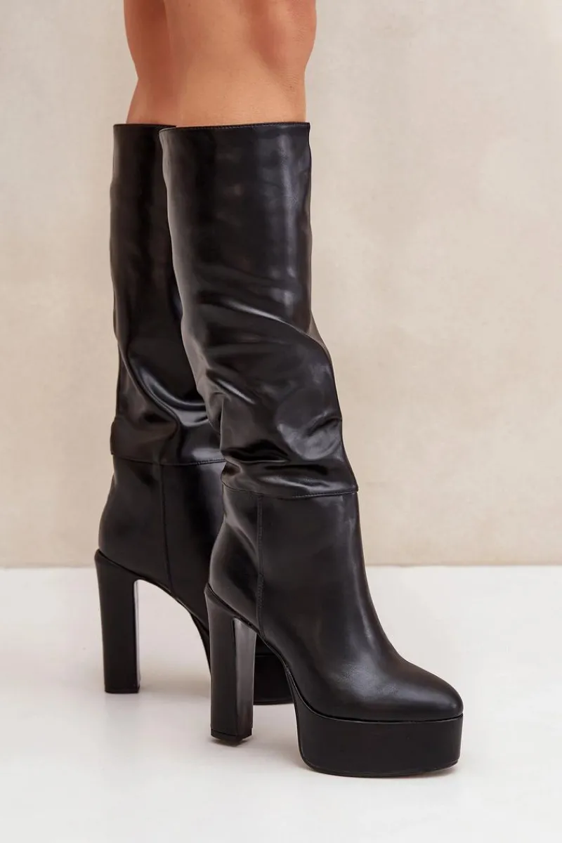 Clearance Kozaki Na Słupku I Platformie Z Eko Skóry Czarne Felilorn Damskie Kozaki Ocieplane|Kozaki Na Słupku