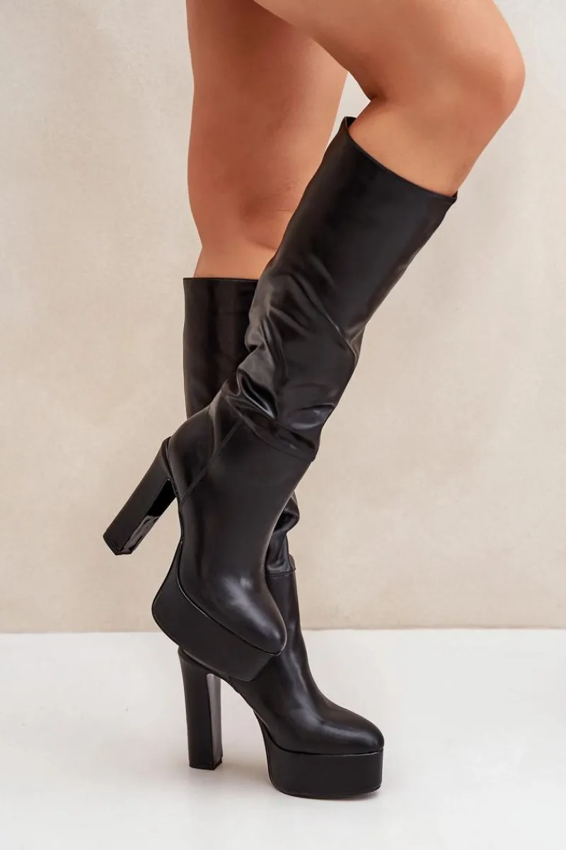 Clearance Kozaki Na Słupku I Platformie Z Eko Skóry Czarne Felilorn Damskie Kozaki Ocieplane|Kozaki Na Słupku