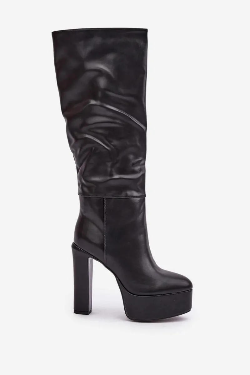 Clearance Kozaki Na Słupku I Platformie Z Eko Skóry Czarne Felilorn Damskie Kozaki Ocieplane|Kozaki Na Słupku