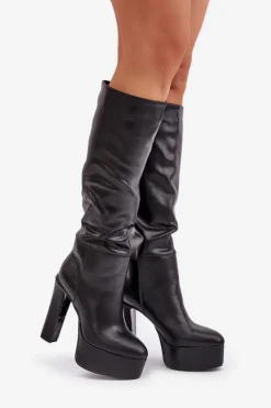 Clearance Kozaki Na Słupku I Platformie Z Eko Skóry Czarne Felilorn Damskie Kozaki Ocieplane|Kozaki Na Słupku