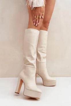 Kozaki Na Słupku I Platformie Z Eko Skóry Jasnobeżowe Felilorn Damskie Kozaki Ocieplane|Kozaki Na Słupku