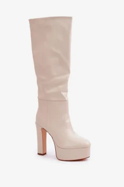 Kozaki Na Słupku I Platformie Z Eko Skóry Jasnobeżowe Felilorn Damskie Kozaki Ocieplane|Kozaki Na Słupku