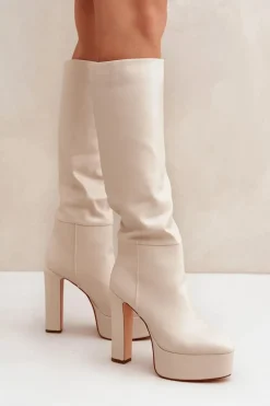 Kozaki Na Słupku I Platformie Z Eko Skóry Jasnobeżowe Felilorn Damskie Kozaki Ocieplane|Kozaki Na Słupku