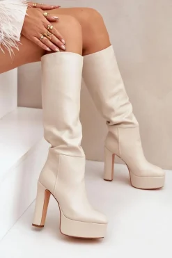 Kozaki Na Słupku I Platformie Z Eko Skóry Jasnobeżowe Felilorn Damskie Kozaki Ocieplane|Kozaki Na Słupku