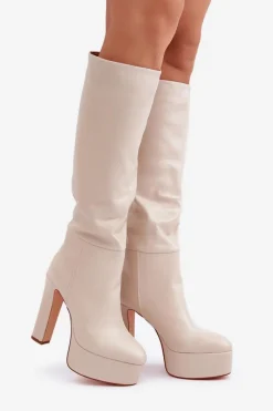 Kozaki Na Słupku I Platformie Z Eko Skóry Jasnobeżowe Felilorn Damskie Kozaki Ocieplane|Kozaki Na Słupku