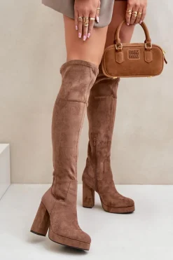 Kozaki Ocieplane|Muszkieterki>Boto Kozaki Na Słupku I Platformie Z Cholewką Za Kolano Eko Zamszowe Ciemnobeżowe Zistaria