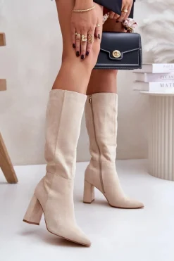 Sale Boto Kozaki Na Słupku Przed Kolano Jasnobeżowe Lannetea