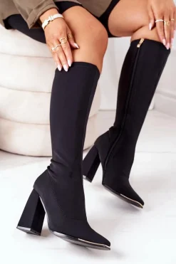 Best Kozaki Na Słupku Z Elastycznej Tkaniny Czarne Effect Wow Damskie Kozaki Wiosenne|Kozaki Na Obcasie