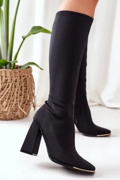 Best Kozaki Na Słupku Z Elastycznej Tkaniny Czarne Effect Wow Damskie Kozaki Wiosenne|Kozaki Na Obcasie