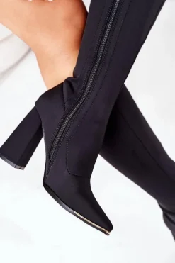 Best Kozaki Na Słupku Z Elastycznej Tkaniny Czarne Effect Wow Damskie Kozaki Wiosenne|Kozaki Na Obcasie