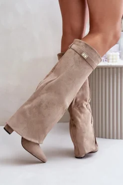 Clearance Kozaki Na Słupku Z Wywiniętą Cholewką Beżowe Evyra Damskie Kozaki Ocieplane|Kozaki Na Słupku