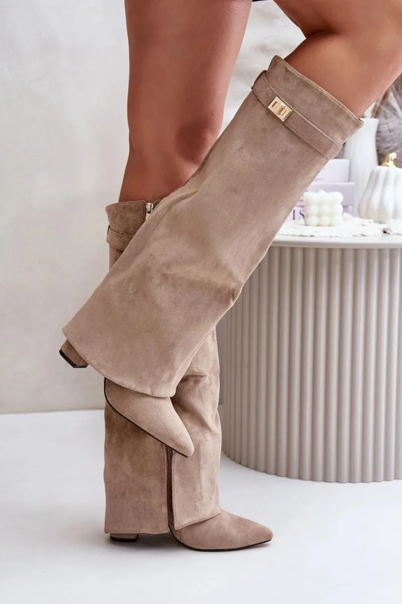 Clearance Kozaki Na Słupku Z Wywiniętą Cholewką Beżowe Evyra Damskie Kozaki Ocieplane|Kozaki Na Słupku