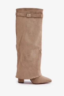 Clearance Kozaki Na Słupku Z Wywiniętą Cholewką Beżowe Evyra Damskie Kozaki Ocieplane|Kozaki Na Słupku