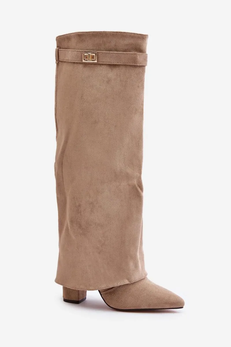 Clearance Kozaki Na Słupku Z Wywiniętą Cholewką Beżowe Evyra Damskie Kozaki Ocieplane|Kozaki Na Słupku